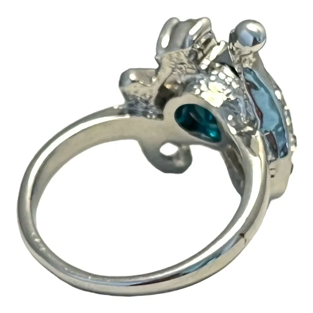 Vintage 1980s Blue Glass Ring Rhinestone Accents Silver Tone Size 7 - 5Z